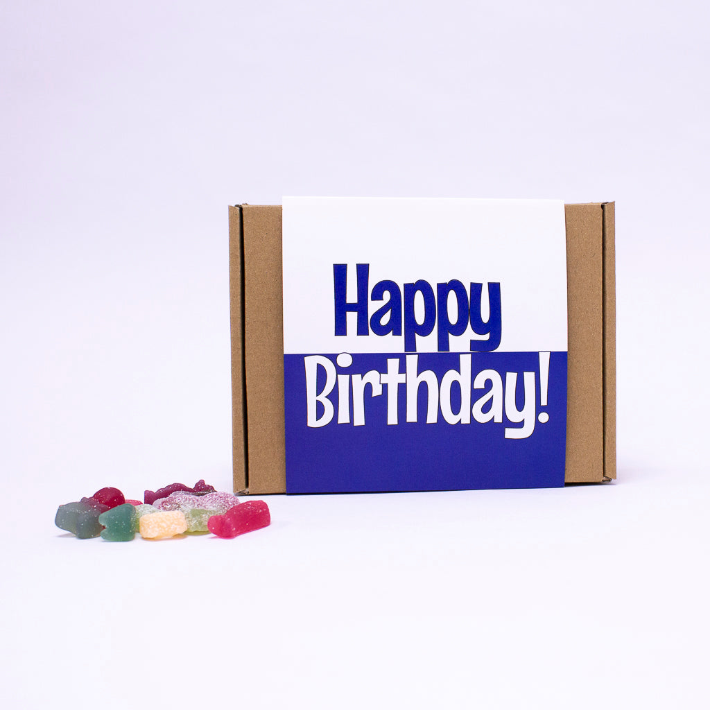 Happy Birthday vegan gift box with a variety of gummy and fizzy sweets, ideal for gifting on a special day.