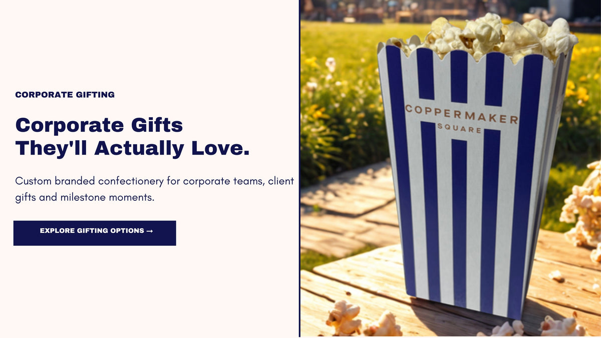 Branded popcorn box printed with a client logo, corporate gift confectionery by Sweet Yourself