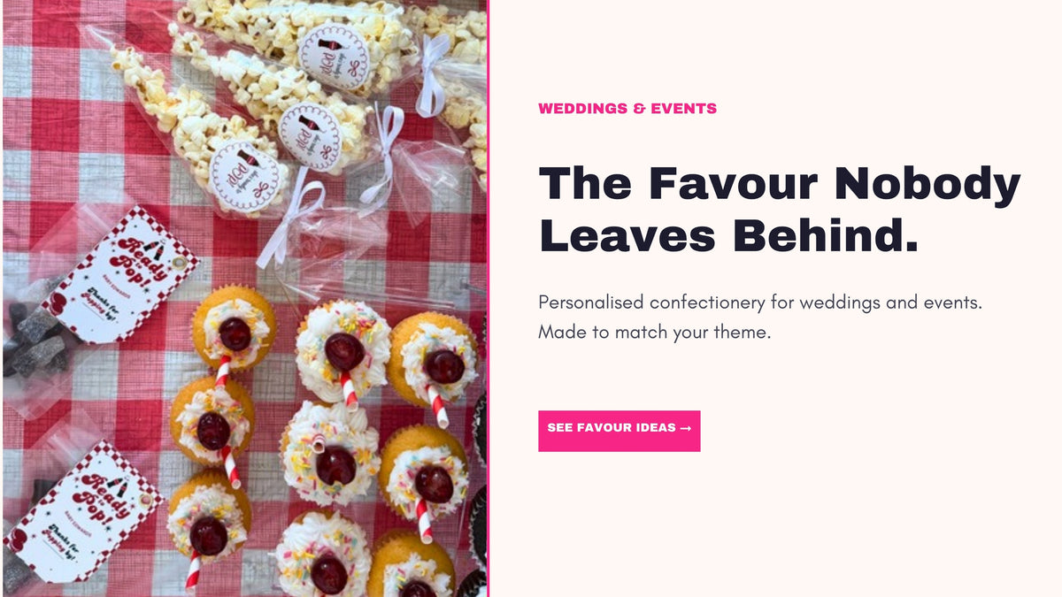 Personalised popcorn bags and cupcakes with custom tags, wedding and event favours by Sweet Yourself
