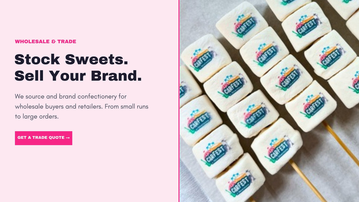 Logo printed marshmallows on skewers, branded confectionery for wholesale and trade by Sweet Yourself