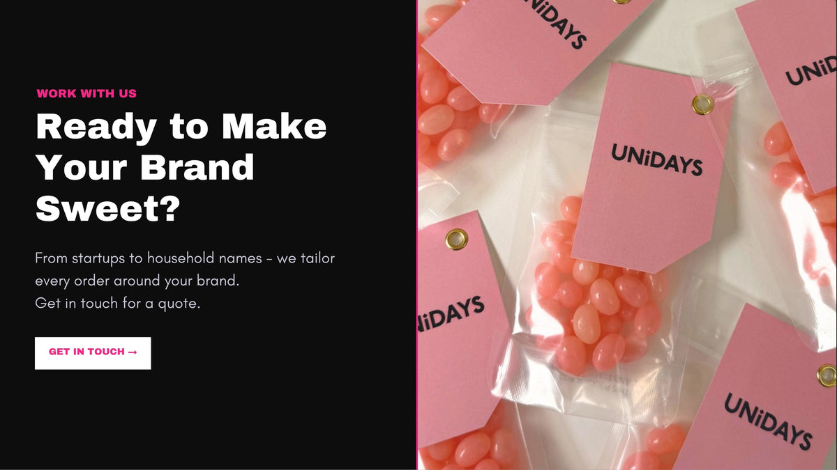 Branded sweet pouches filled with jelly beans and custom printed tags by Sweet Yourself
